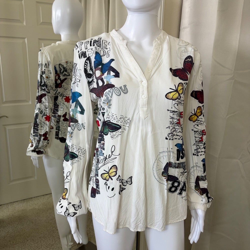 Desigual Womens Butterfly Graphic Print Long Sleeve Button Tunic Blouse White M